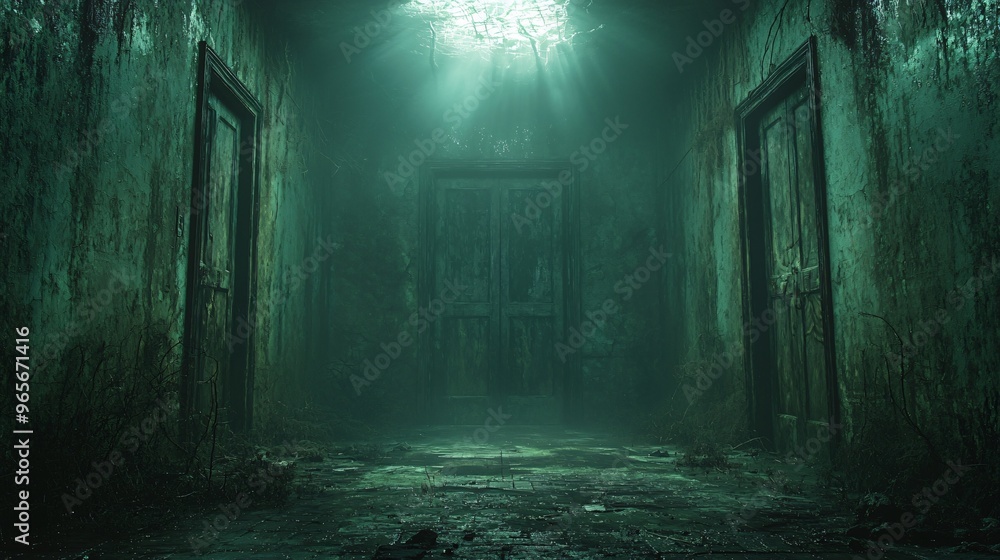 Eerie dark corridor perfect for Halloween-themed projects. Ideal for haunted house promotions or spooky story illustrations. Includes copy space. Eerie dark corridor perfect for Halloween-themed projects. Ideal for haunted house promotions or spooky story illustrations. Includes copy space.