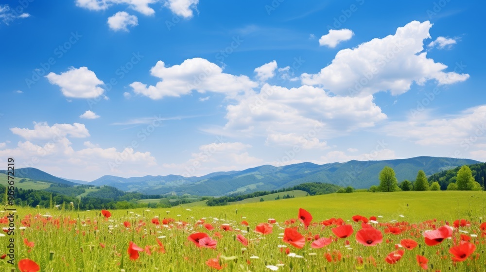 Vast meadow with blooming poppies, clear summer sky, vibrant colors, natural beauty Vast meadow with blooming poppies, clear summer sky, vibrant colors, natural beauty