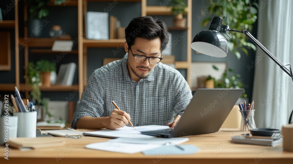An Asian man working as a designer, sketching concepts in a trendy studio with cutting-edge design equipment. An Asian man working as a designer, sketching concepts in a trendy studio with cutting-edge design equipment.