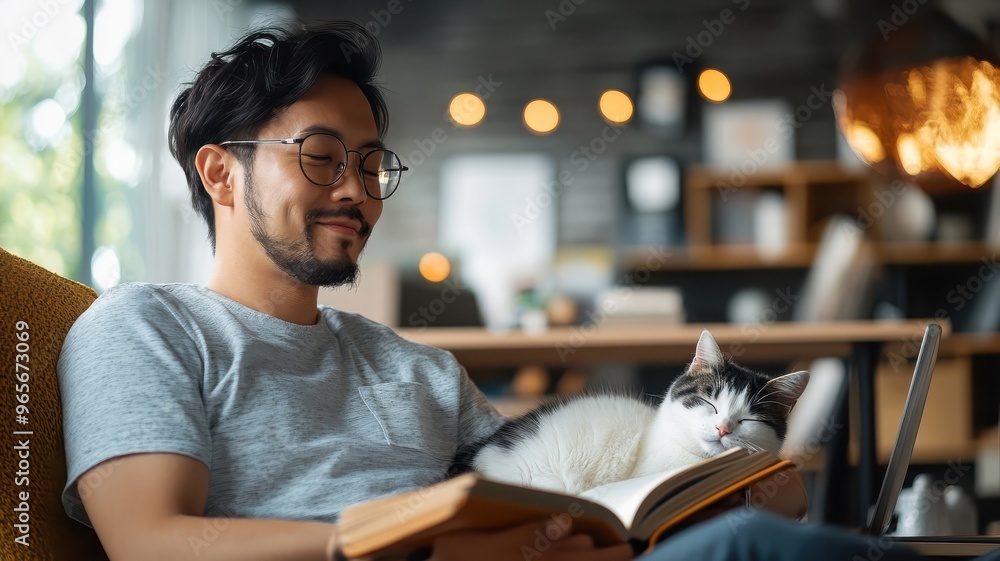 An Asian man reading a book while a cat sleeps on his lap in a modern office, with a sleek, organized workspace and a peaceful atmosphere. An Asian man reading a book while a cat sleeps on his lap in a modern office, with a sleek, organized workspace and a peaceful atmosphere.