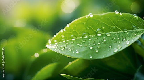 Close-up of green leaf with dew drops in garden during summer, bright sunlight, natural background