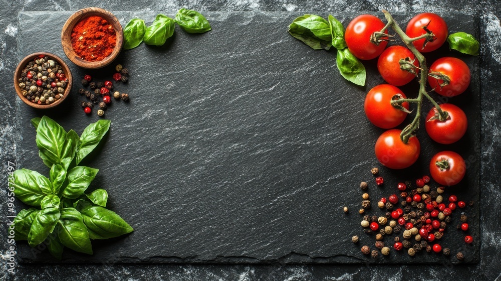 High-angle view of a black slate surface showcasing a border of vibrant food ingredients. Olive oil High-angle view of a black slate surface showcasing a border of vibrant food ingredients. Olive oil