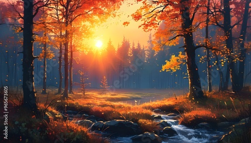 Tranquil autumn forest landscape glowing in morning light at sunrise