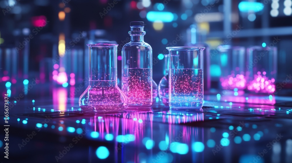 A futuristic set of laboratory glassware, with neon-lit liquids bubbling inside. A futuristic set of laboratory glassware, with neon-lit liquids bubbling inside.