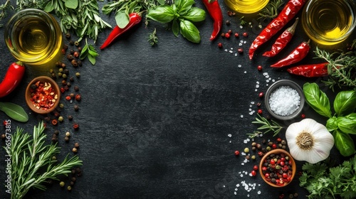 A top-down view of a variety of cooking ingredients on a black wooden background. Fresh herbs