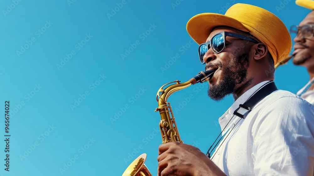 Fototapeta premium Muslim people playing saxophones at a cultural festival, their music bringing joy to all.