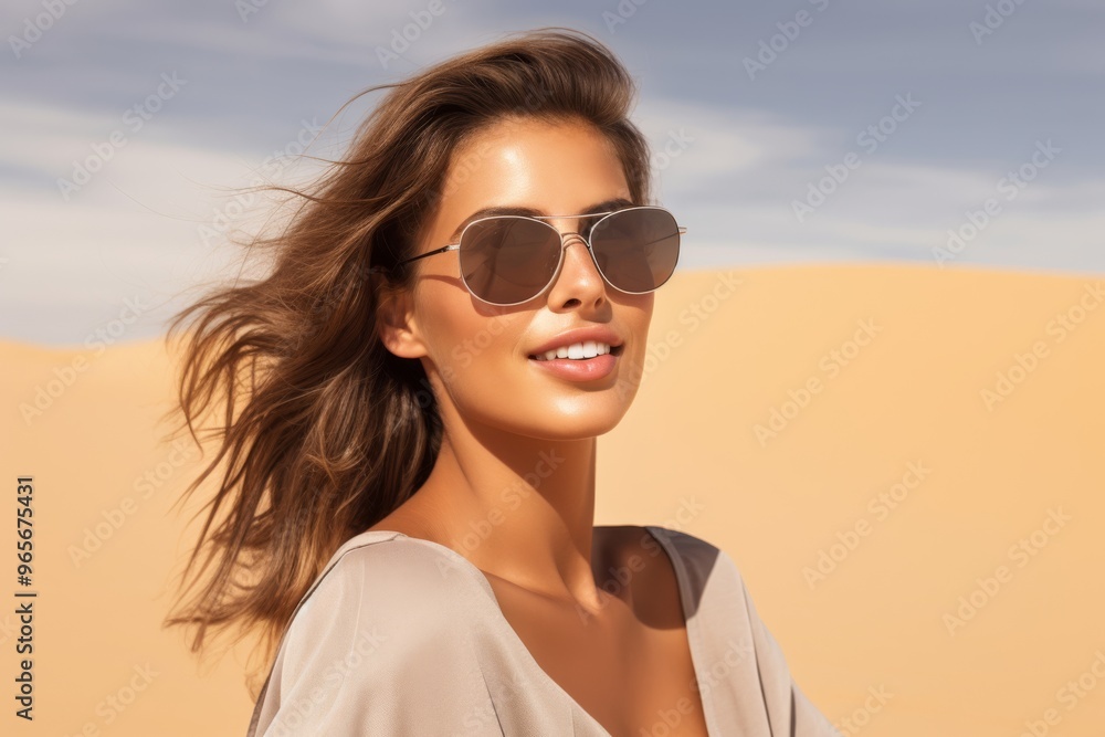Woman wearing sunglasses enjoying the sun in a sandy desert Isolated on white background Woman wearing sunglasses enjoying the sun in a sandy desert Isolated on white background