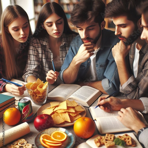 41 A Study Group Sharing a plate of snacks and studying for an e