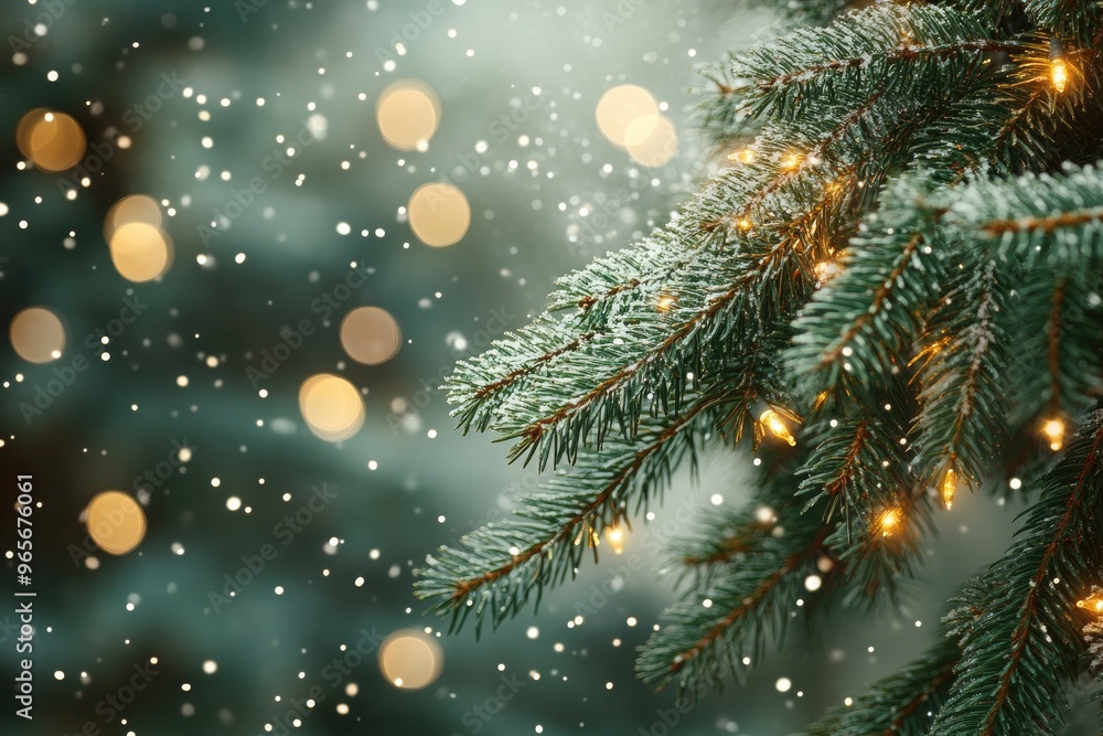 Festive Christmas tree background with green spruce branches, golden lights, falling snow, and blurred background for seasonal holiday themes. Festive Christmas tree background with green spruce branches, golden lights, falling snow, and blurred background for seasonal holiday themes.