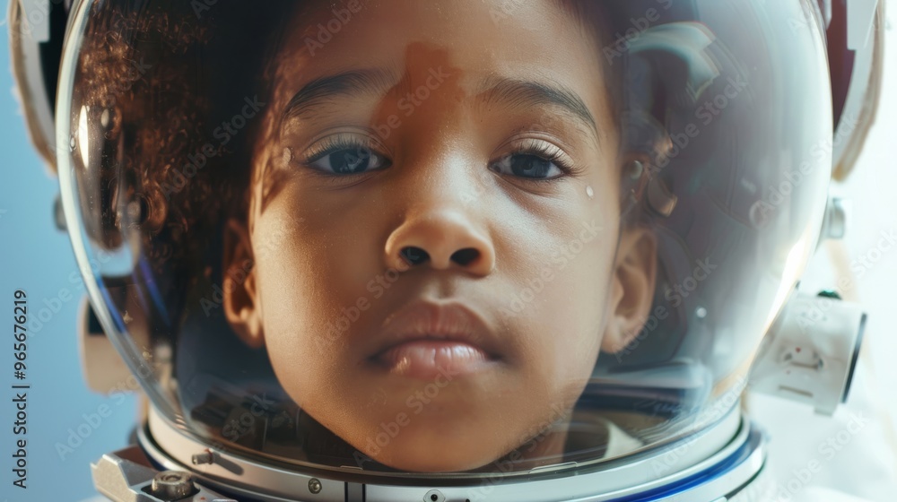 Curious African American child astronaut with helmet exploring space Curious African American child astronaut with helmet exploring space