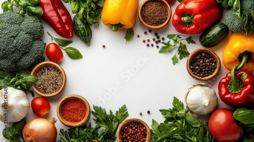 Top-down view of a variety of colorful vegetables and spices spread across a white table background