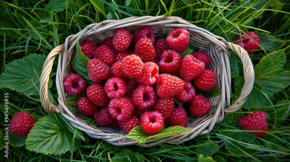 Fresh raspberry fruit in basket on grass ground lawn Fresh raspberry fruit in basket on grass ground lawn