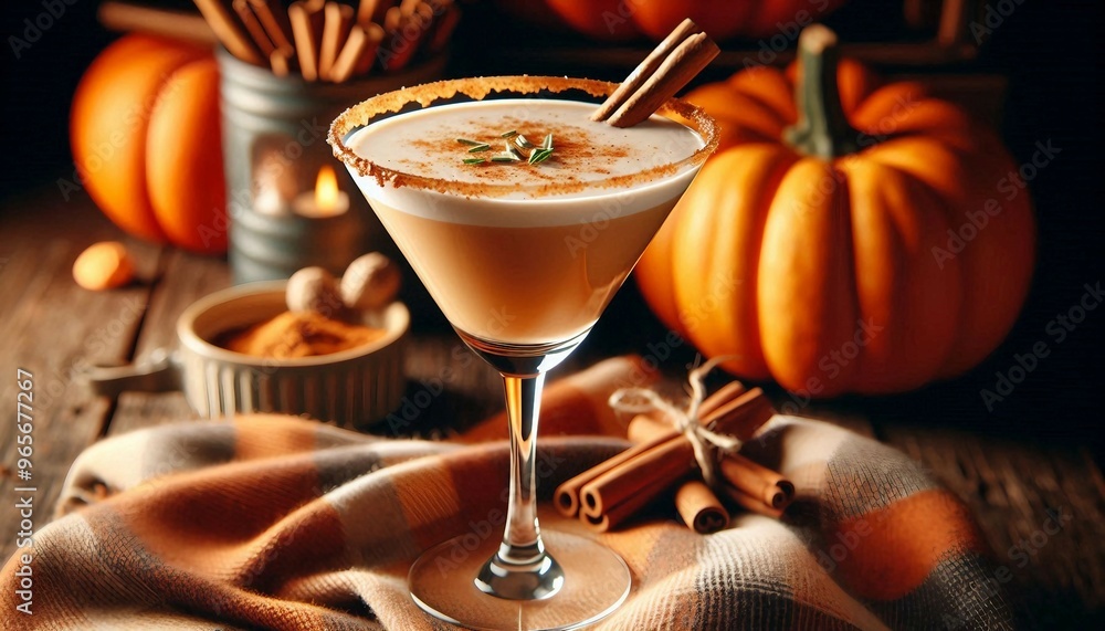 creamy pumpkin spice cocktail garnished with cinnamon and nutmeg, presented in an elegant glass on a rustic wooden table, surrounded by seasonal decorations including pumpkins and cinnamon sticks. creamy pumpkin spice cocktail garnished with cinnamon and nutmeg, presented in an elegant glass on a rustic wooden table, surrounded by seasonal decorations including pumpkins and cinnamon sticks.