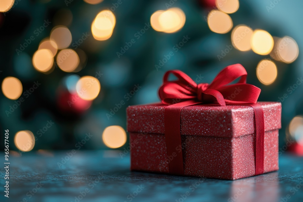 Close-up of a red Christmas present with a bow ribbon on a table, with a blurred Christmas tree and festive bokeh lights in the background, perfect for holiday celebration concepts Close-up of a red Christmas present with a bow ribbon on a table, with a blurred Christmas tree and festive bokeh lights in the background, perfect for holiday celebration concepts