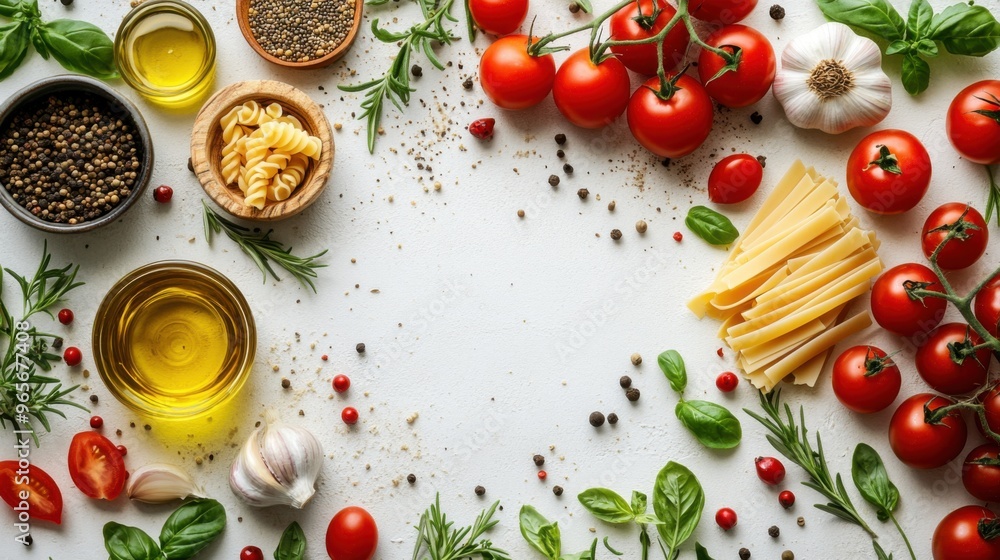 A clean and fresh top view of cooking ingredients for a healthy meal A clean and fresh top view of cooking ingredients for a healthy meal