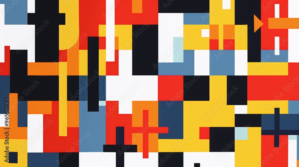 Abstract geometric pattern with red, yellow, blue, black and white squares and rectangles. Abstract geometric pattern with red, yellow, blue, black and white squares and rectangles.
