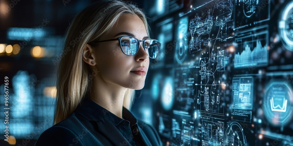 Attractive businesswoman wearing eyeglasses looking at virtual screen Attractive businesswoman wearing eyeglasses looking at virtual screen