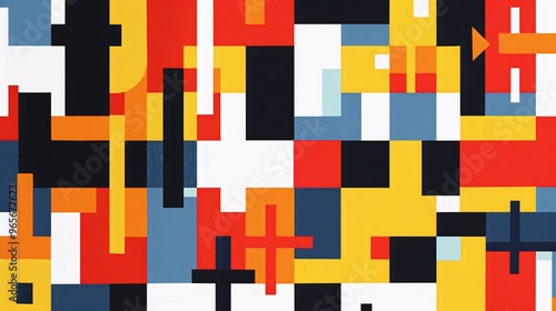 Abstract geometric pattern with red, yellow, blue, black and white squares and rectangles.