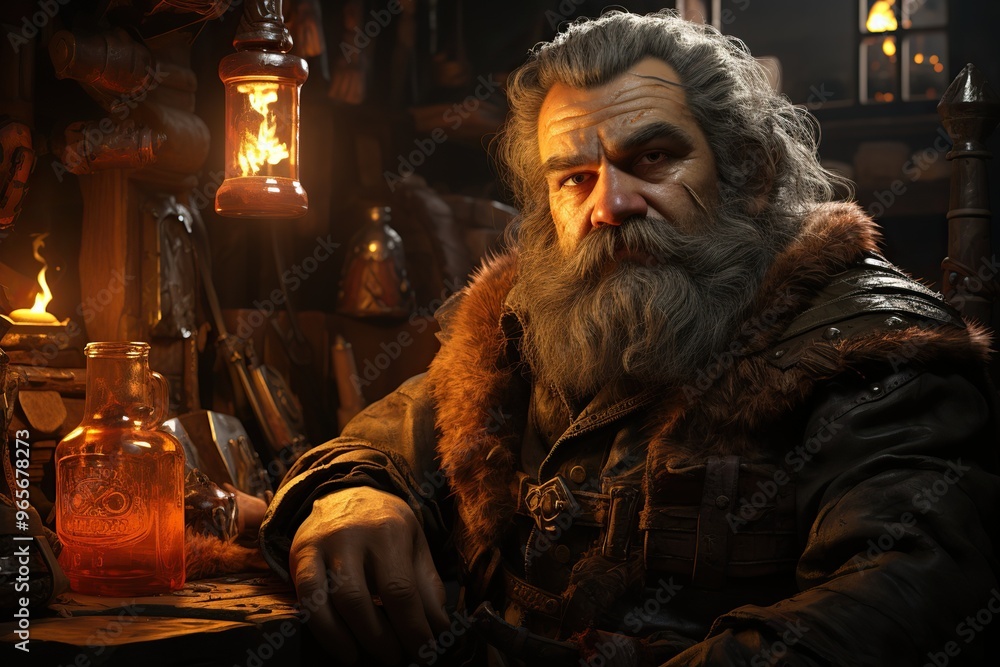 beautiful old bearded dwarf in a medieval tavern, illustration