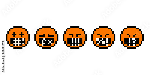 Angry faces with swear words. Evil emoticon stickers. Negative thinking concept. Set of pixel art swearing emoji icon. Mood of 90's aesthetics. 8-bit retro style vector illustration