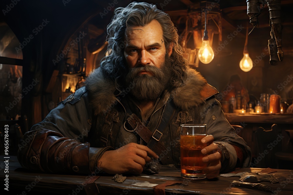beautiful old bearded dwarf in a medieval tavern, illustration beautiful old bearded dwarf in a medieval tavern, illustration