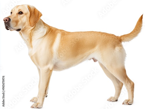 Beautiful yellow labrador retriever posing on white background