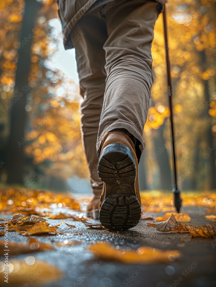 Close-up of a person walking with cane through an autumn forest. Sunlight illuminates fallen leaves on the path. Close-up of a person walking with cane through an autumn forest. Sunlight illuminates fallen leaves on the path.