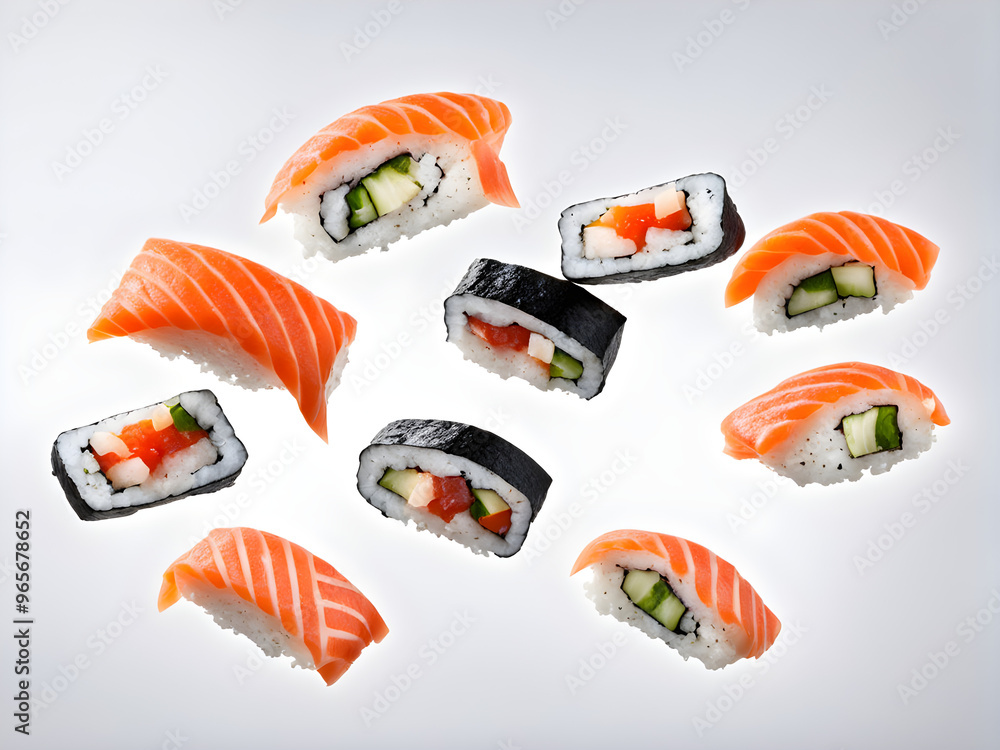Pieces of delicious japanese sushi frozen in the air. Isolated on white background Pieces of delicious japanese sushi frozen in the air. Isolated on white background