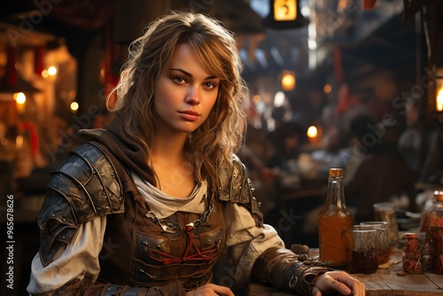 female young paladin in a medieval tavern, illustration