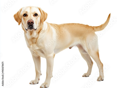 Beautiful yellow labrador retriever posing on white background