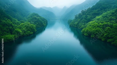 A serene mountain lake surrounded by lush greenery, with its reflection perfectly mirrored in the water.