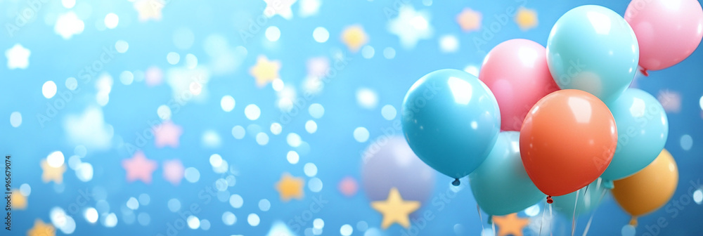 A vibrant pastel blue background with colorful stars and balloons scattered across the canvas, creating an enchanting backdrop for celebration themes or special events A vibrant pastel blue background with colorful stars and balloons scattered across the canvas, creating an enchanting backdrop for celebration themes or special events