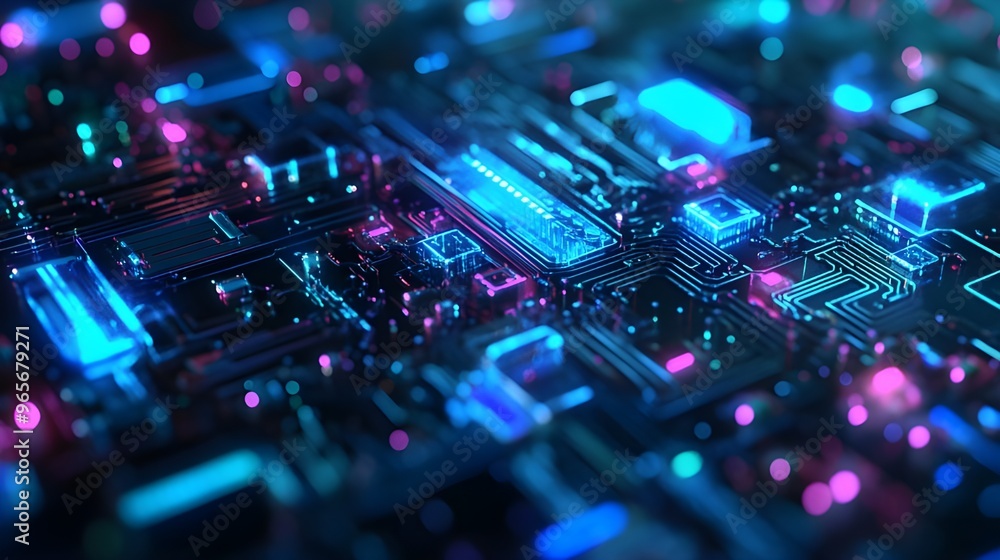 Futuristic Circuit Board with Neon Lights - High-Tech Digital Art for background image Futuristic Circuit Board with Neon Lights - High-Tech Digital Art for background image