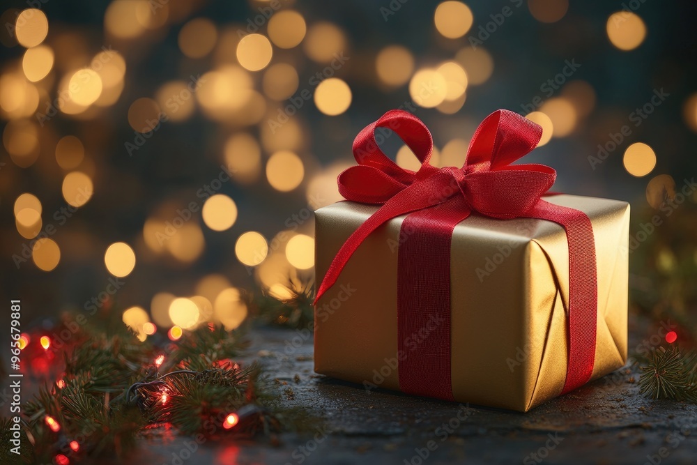 Golden Christmas gift box with a red ribbon against a blurred night forest backdrop with glowing lights, copy space for text in a wide-angle shot Golden Christmas gift box with a red ribbon against a blurred night forest backdrop with glowing lights, copy space for text in a wide-angle shot