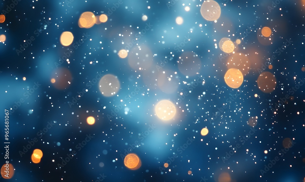 Abstract blue background with golden bokeh lights and subtle white dust particles. Abstract blue background with golden bokeh lights and subtle white dust particles.