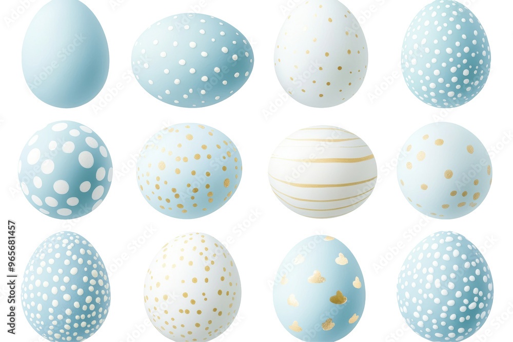 A collection of blue and white polka dot and striped Easter eggs with gold accents. Isolated on white background.
A collection of blue and white polka dot and striped Easter eggs with gold accents. Isolated on white background.