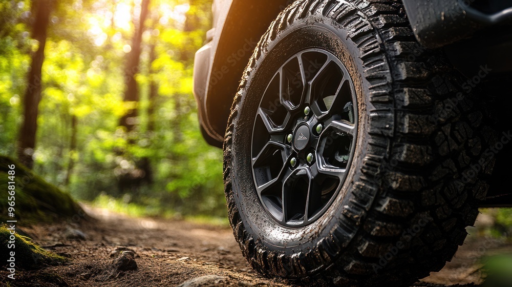 Off-Road Tire on a Forest Trail Off-Road Tire on a Forest Trail