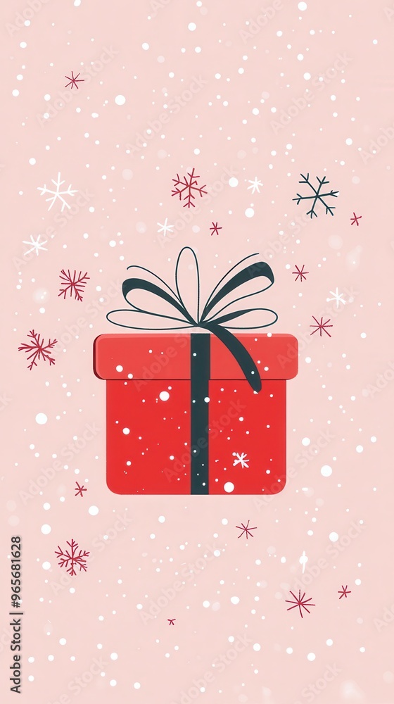 Fototapeta premium A vibrant, wrapped gift box surrounded by snowflakes on a soft pink backdrop captures the essence of festive celebration