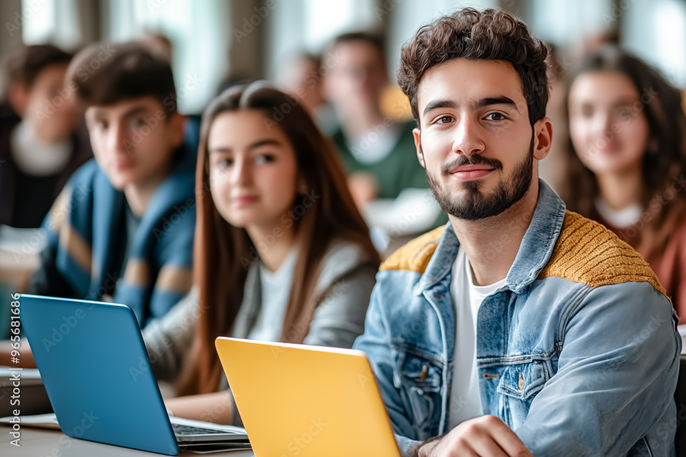 A handsome Arab student is sitting in a lecture in a university auditorium with other students. Smiling young bearded man in denim jacket with laptop in college. A handsome Arab student is sitting in a lecture in a university auditorium with other students. Smiling young bearded man in denim jacket with laptop in college.