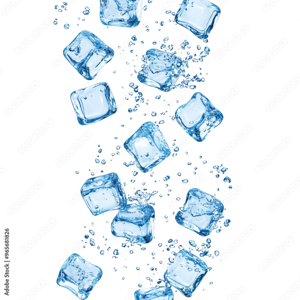 Splashing ice cubes scattered in mid-air, creating a dynamic motion effect. Isolated on white background.
Splashing ice cubes scattered in mid-air, creating a dynamic motion effect. Isolated on white background.