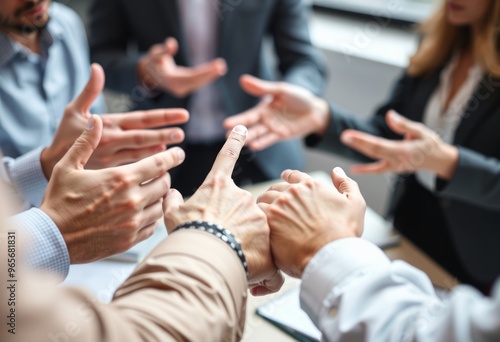 Close up shot of four colleagues' hands as they gesture during a