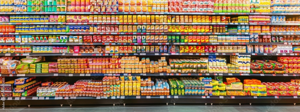 Supermarket shelves packed with a variety of dairy and snack products Supermarket shelves packed with a variety of dairy and snack products