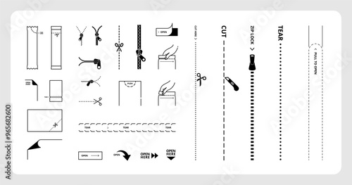 Zippers and scissors for package, shows the place of opening icon set