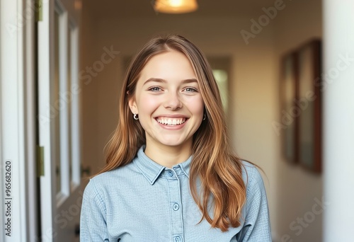 Content British girl with a beaming smile showing her inner happ photo