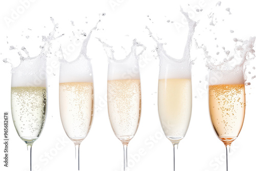 Five champagne glasses splashing with foam and bubbles. Isolated on white background.