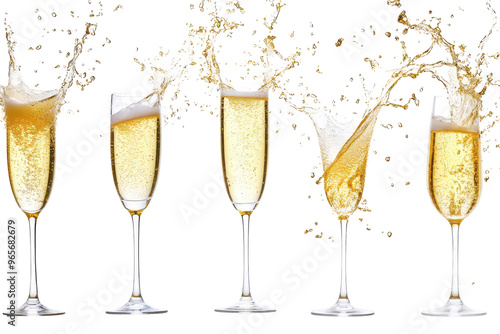 Five champagne glasses splashing with foam and bubbles. Isolated on white background.

 photo