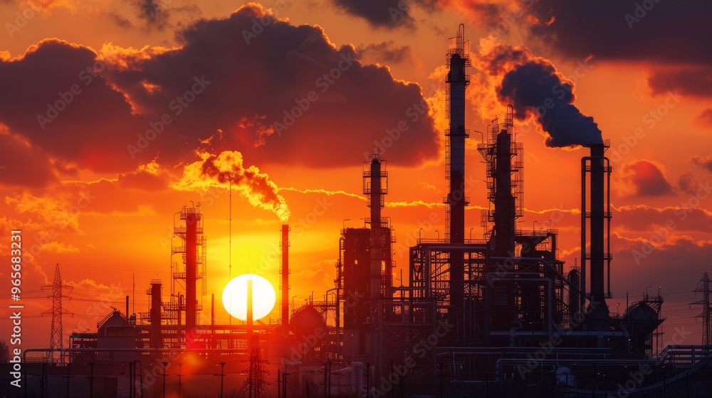 Fiery sunset over industrial factory with smoke stacks silhouetted Fiery sunset over industrial factory with smoke stacks silhouetted