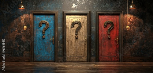 A dark, mysterious room with a wooden floor and walls covered in textured dark wallpaper. Three doors are lined up next to each other