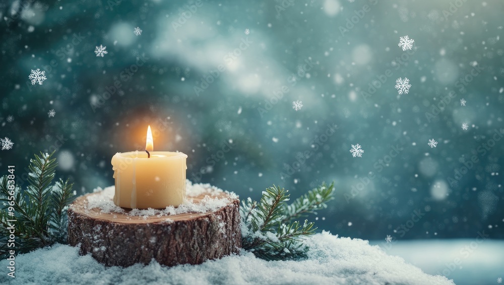 A Candle burning on an old wooden slice in the snow, Evergreen branches and falling snowflakes against a soft blue background, with warm light a cozy atmosphere and space for text A Candle burning on an old wooden slice in the snow, Evergreen branches and falling snowflakes against a soft blue background, with warm light a cozy atmosphere and space for text