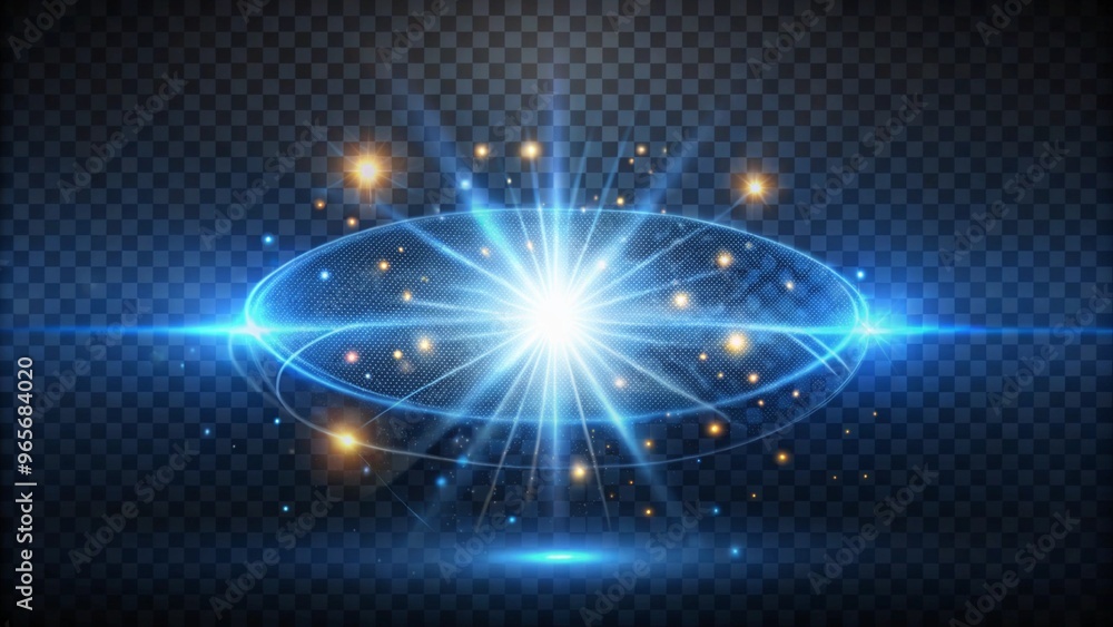 Obraz premium A vibrant blue circle with golden lines and stars against a dark grid background creates a sci-fi, futuristic atmosphere with a neon glow.